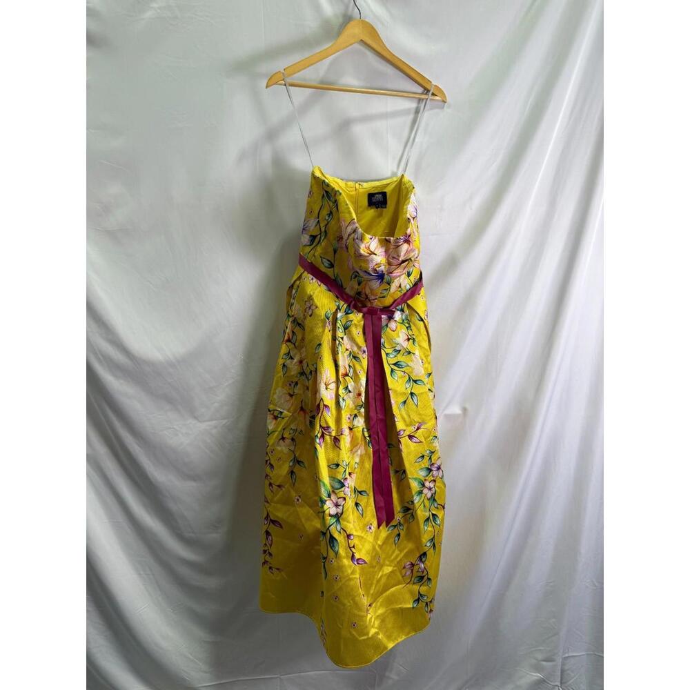 Marchesa Notte Yellow Strapless Floral Tea Dress Size 10 - Picture 3 of 5